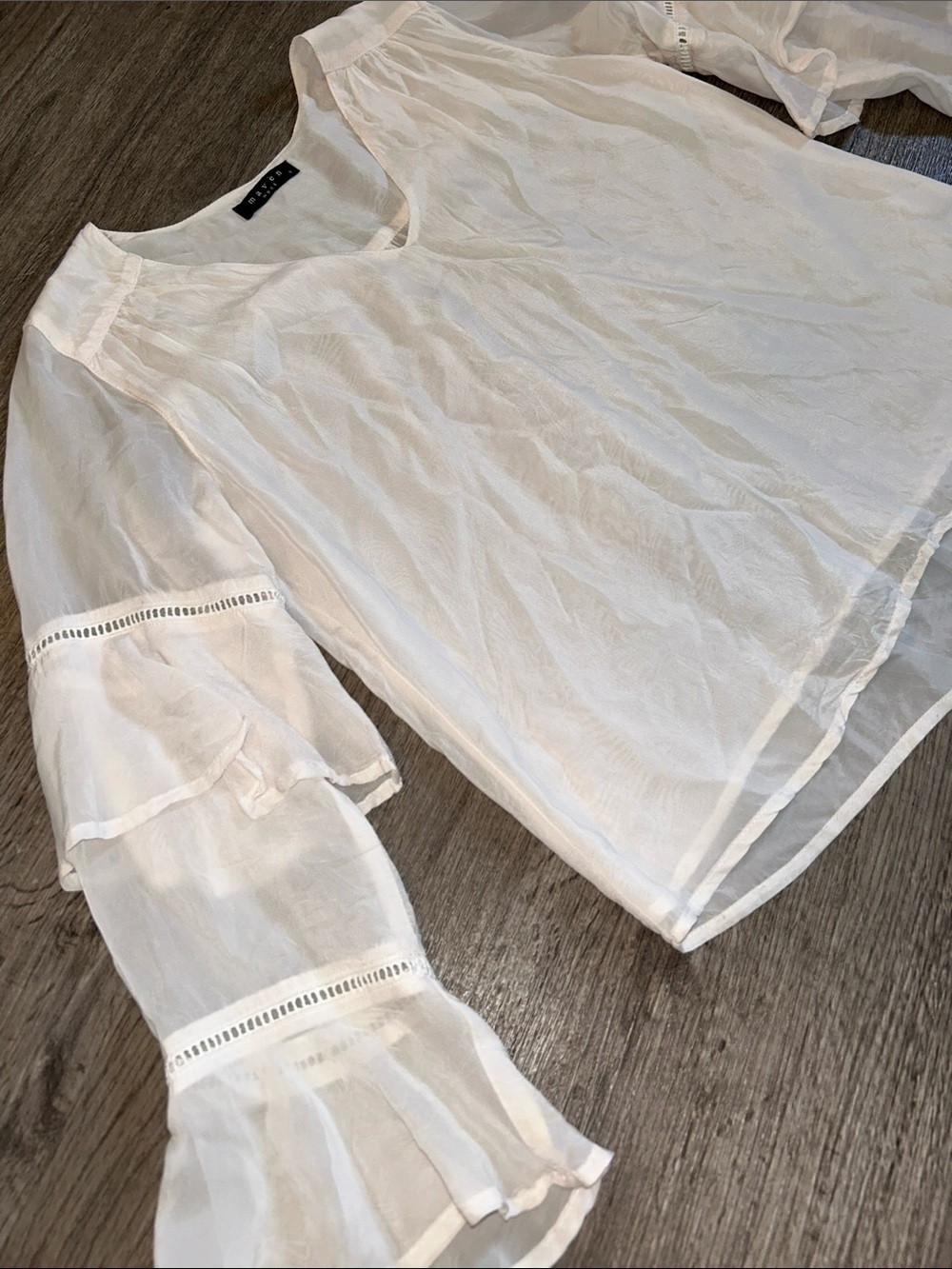 Maven West 100% Cupro Sheer Bell Sleeve Blouse Top White Size Small - Picture 3 of 10
